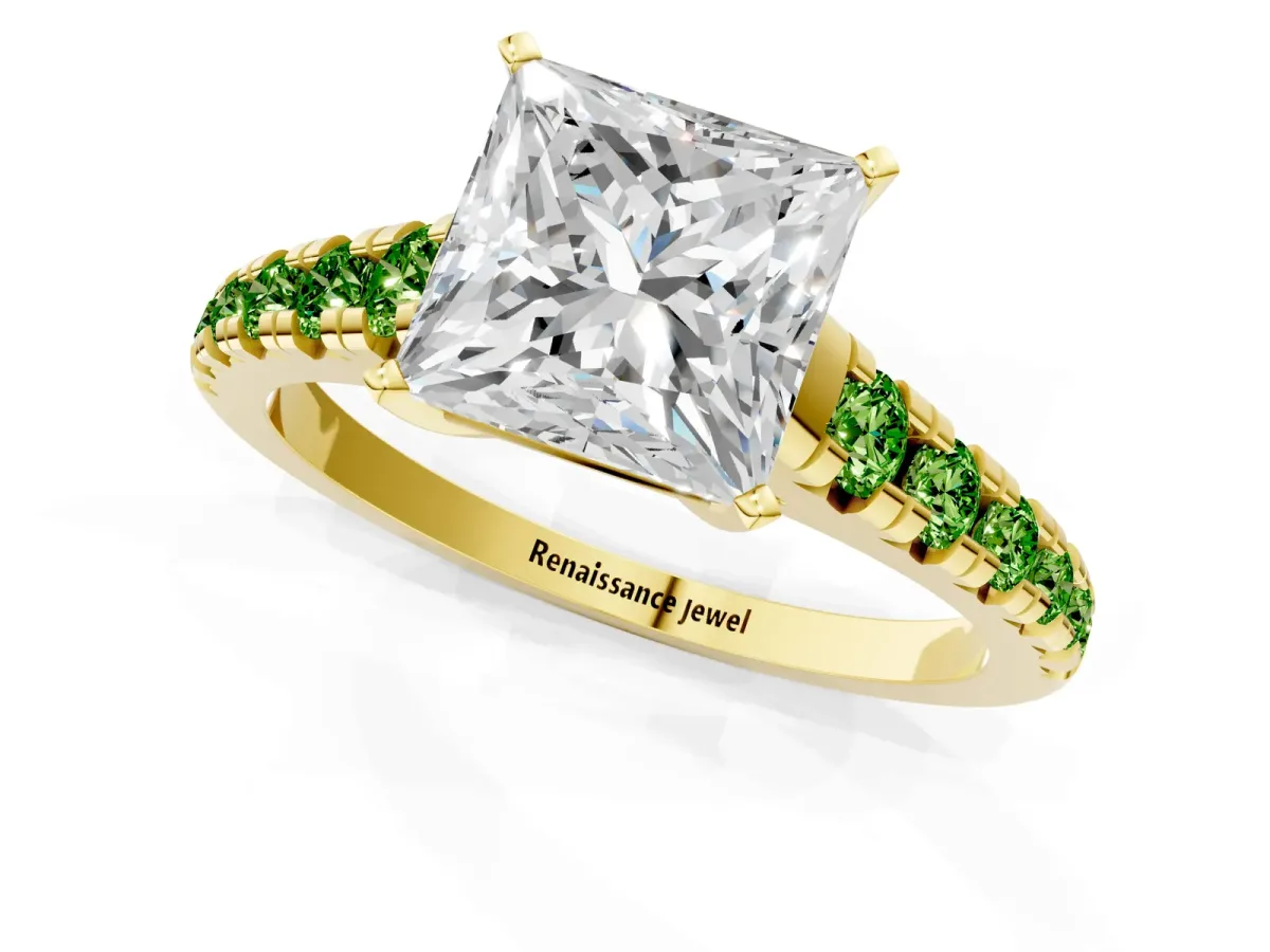 Princess Cut Diamond Cathedral Solitaire Ring with Round Peridot Pavé Band Yellow gold