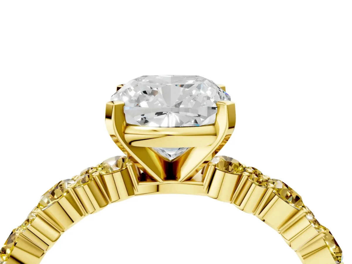 Cushion Cut Diamond Side Stone Solitaire Ring with Round Yellow Sapphire and Four-Prong Setting Yellow gold