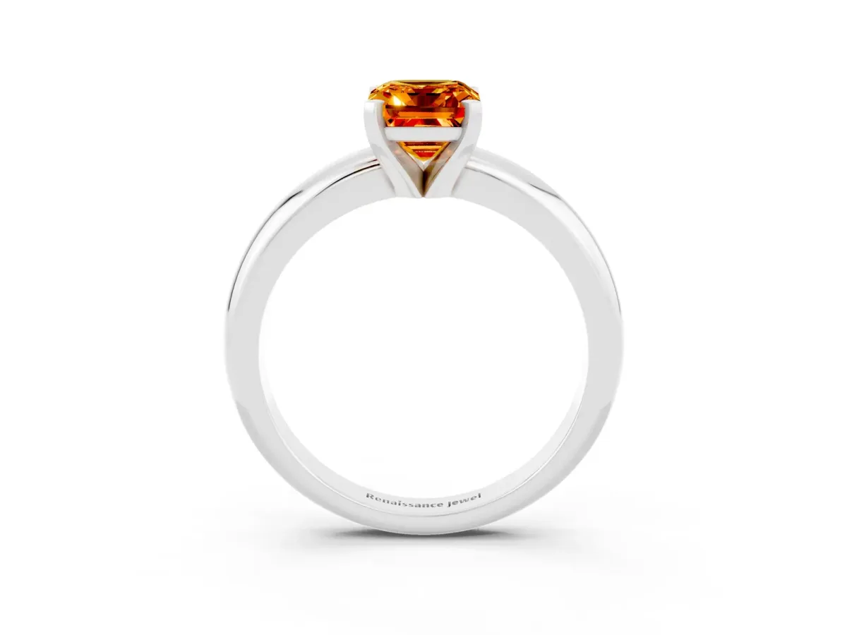 Emerald Cut Citrine Solitaire Engagement Ring with Round Band and Four-Prong Setting White gold