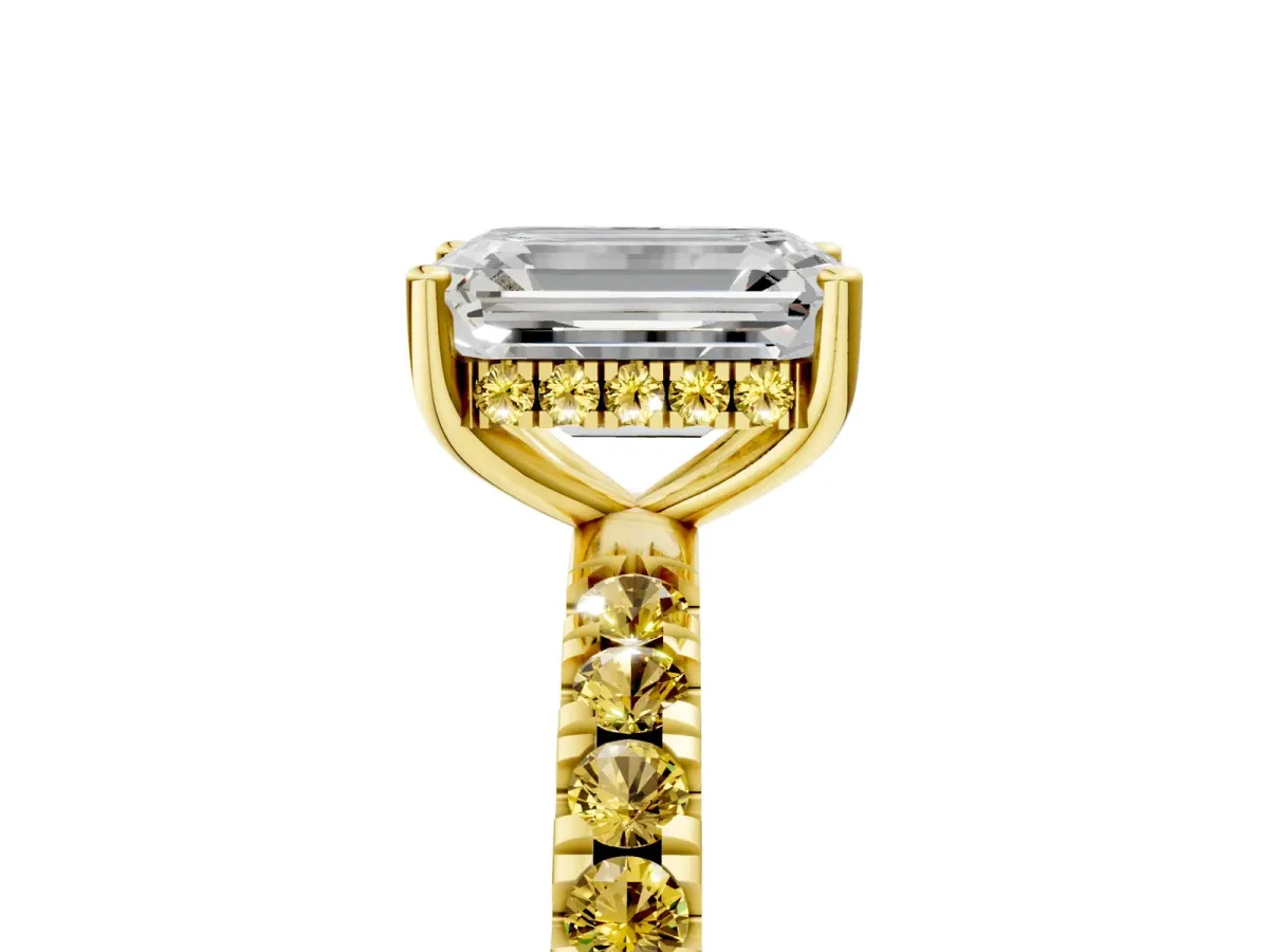 Emerald Cut Diamond Pave Band Solitaire Ring with Round Yellow Sapphire and Prong Setting Yellow gold