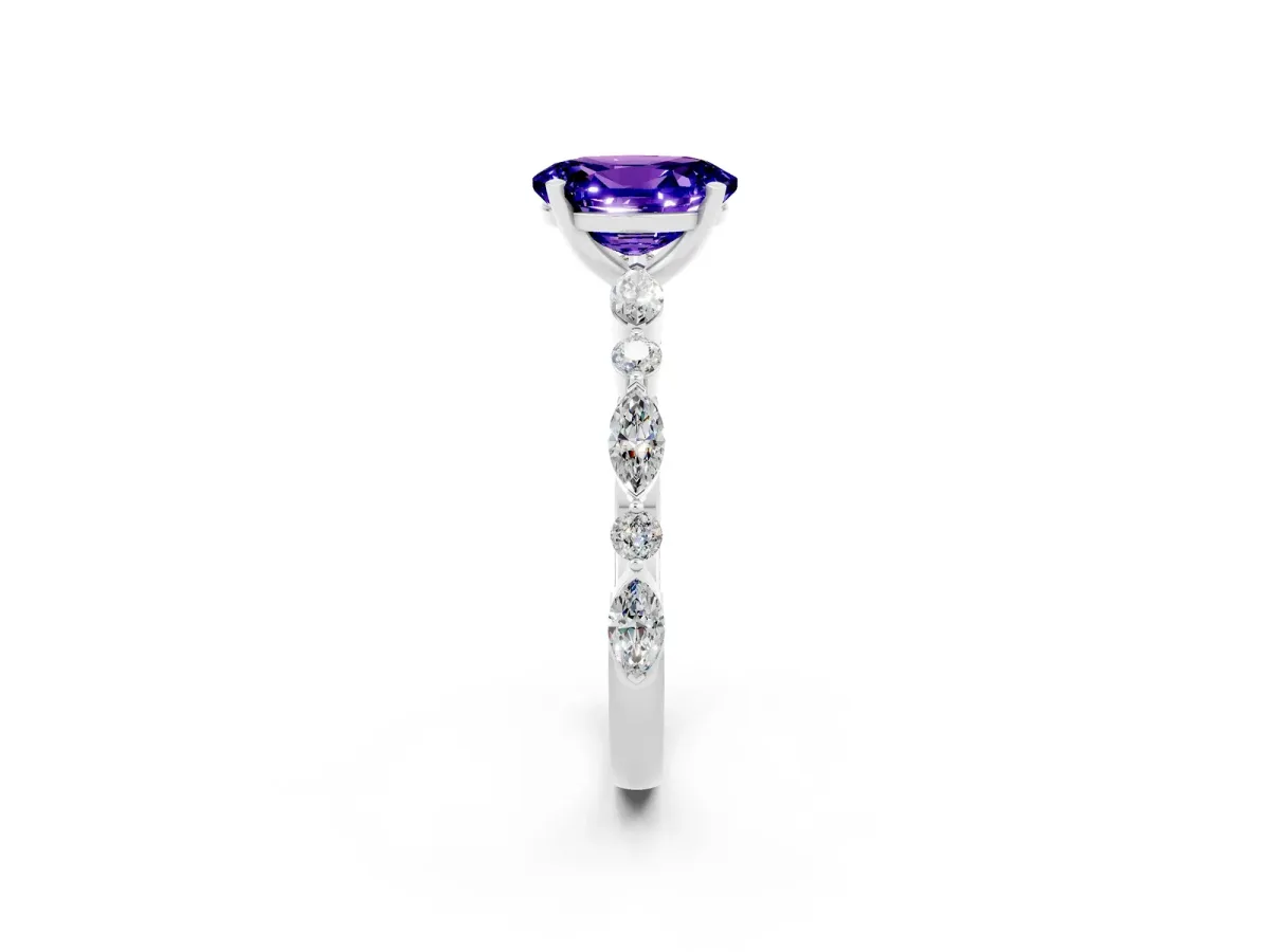 Oval Cut Tanzanite Ring with Marquise and Round Side Stones and Four-Prong Setting Silver