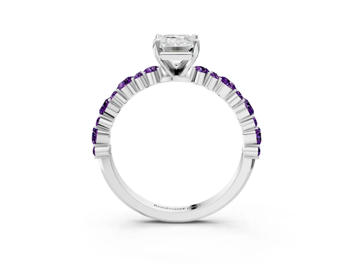 Emerald Cut Diamond Side Stone Solitaire Ring with Round Amethyst and Four-Prong Setting Platinum
