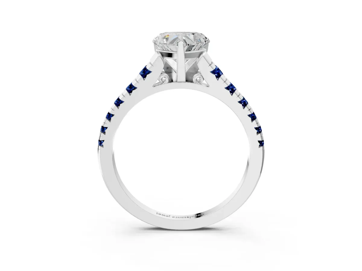 Heart Cut Diamond Cathedral Solitaire Ring with Round Blue Sapphire Pavé Band Platinum