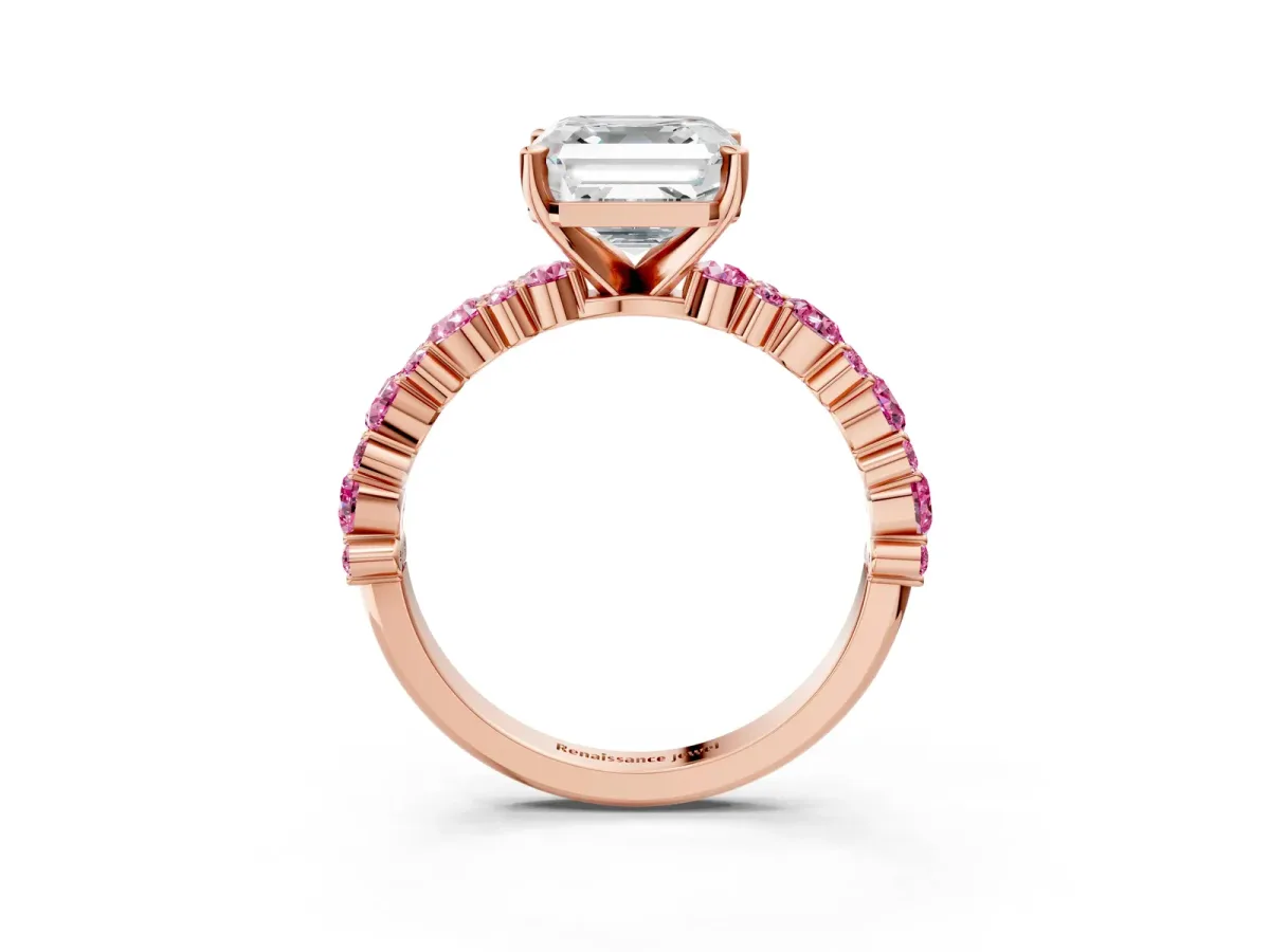 Asscher Cut Diamond Side Stone Solitaire Ring with Round Pink Sapphire and Four-Prong Setting Rose gold