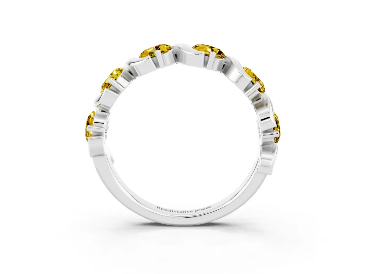 Round Yellow Sapphire Half Eternity Band with Wave Prong Setting White gold