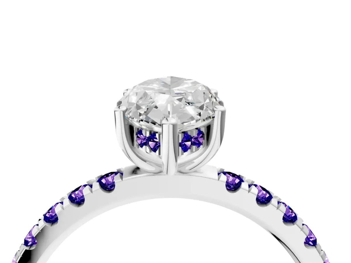 Marquise Cut Diamond Pave Band Solitaire Ring with Round Tanzanite and Prong Setting White gold
