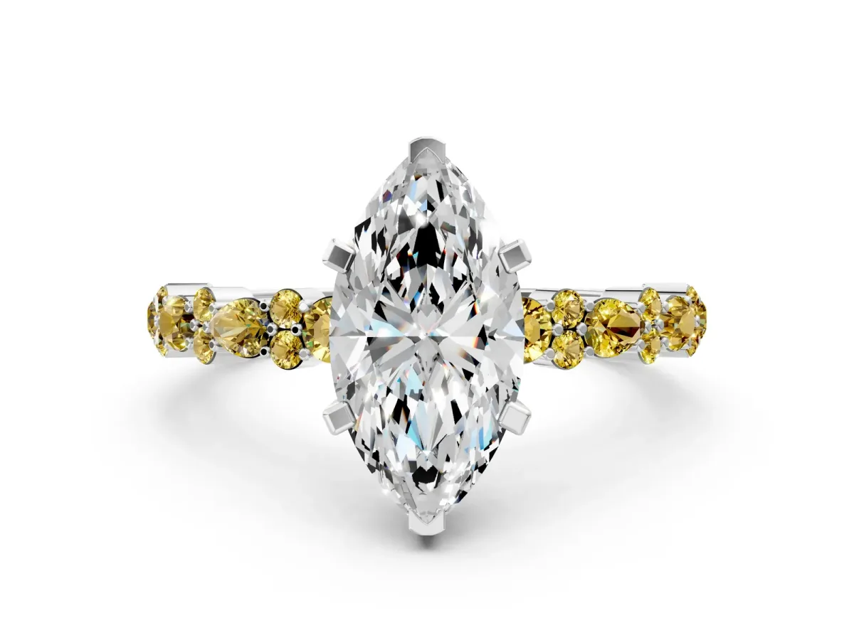 Marquise Cut Diamond Side Stone Solitaire Ring with Round Yellow Sapphire and Four-Prong Setting Platinum