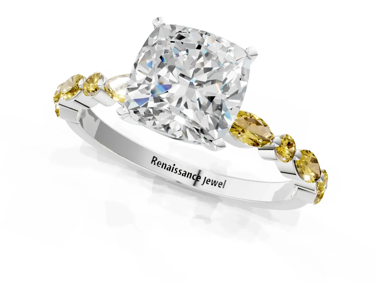Cushion Cut Diamond Ring with Marquise and Round Yellow Sapphire Side Stones and Four-Prong Setting Silver