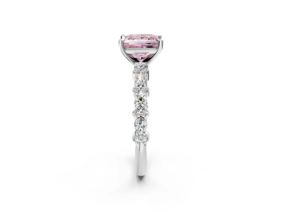Fancy Pink Princess Cut Diamond Side Stone Solitaire Ring with Round and Four-Prong Setting Platinum
