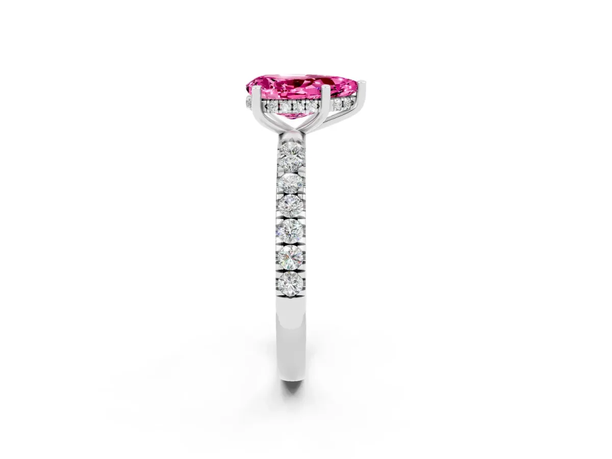 Pear Cut Pink Sapphire Pave Band Solitaire Ring with Round and Prong Setting Silver