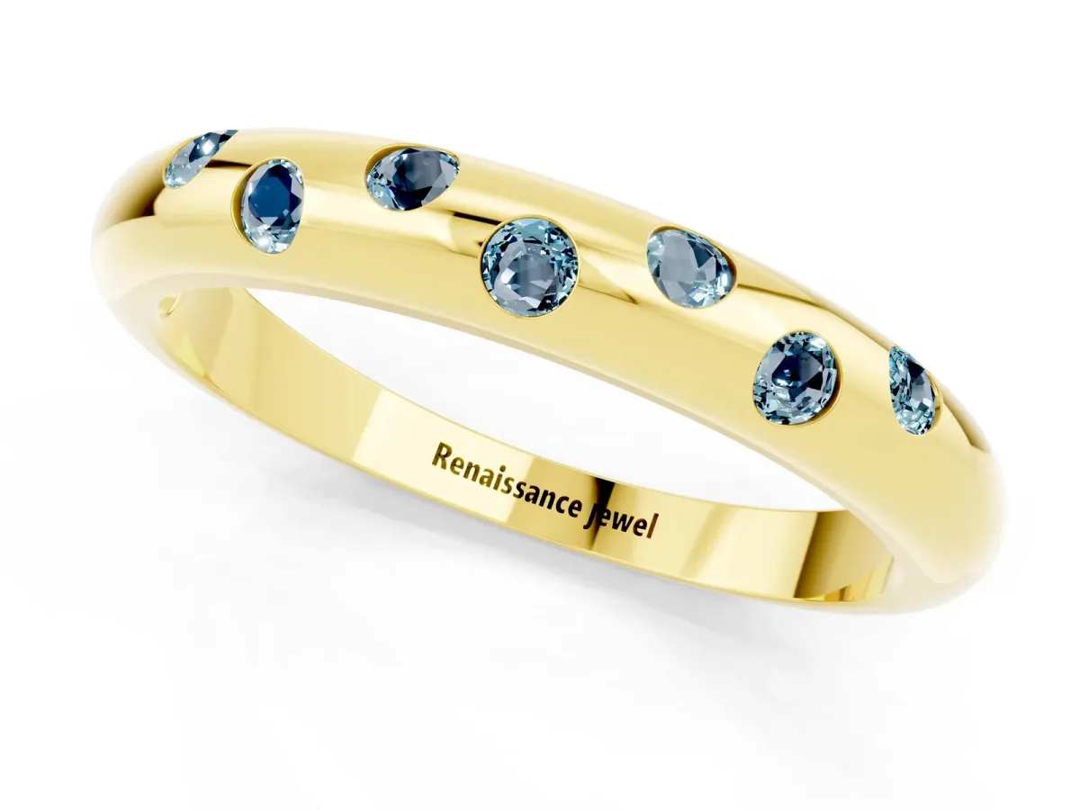 Round Aquamarine Flush-Set Comfort Fit Band Yellow gold
