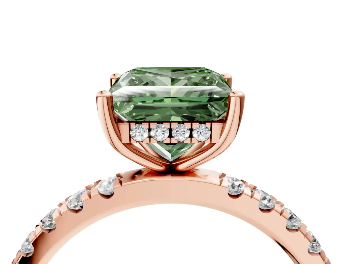 Fancy Green Princess Cut Diamond Pave Band Solitaire Ring with Round and Prong Setting Rose gold