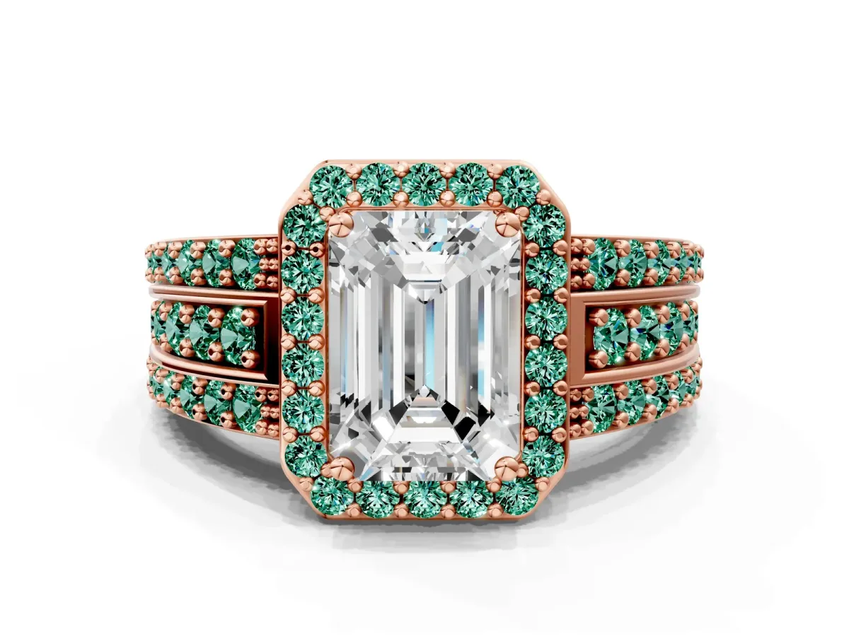 Emerald Cut Halo Diamond Ring with Round Green Sapphire Split Shank and Prong Setting Rose gold