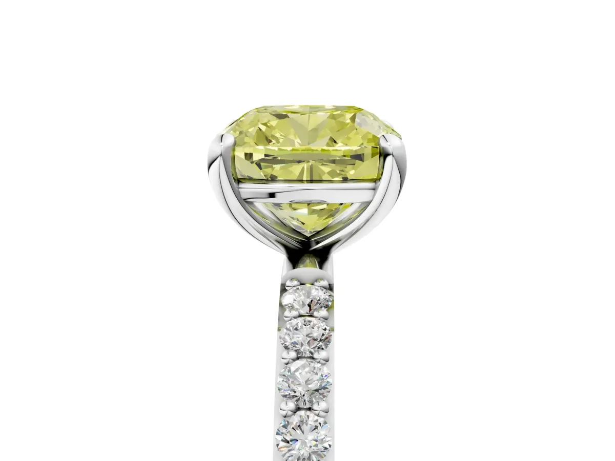 Fancy Yellow Cushion Cut Diamond Solitaire Ring with Round Pavé Band and Prong Setting White gold