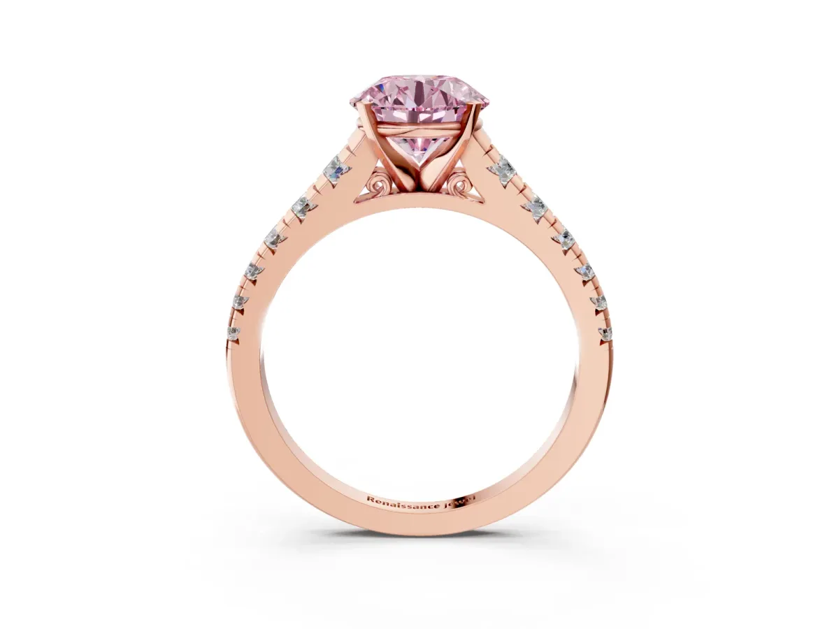 Fancy Pink Round Cut Diamond Cathedral Solitaire Ring with Round Pavé Band Rose gold