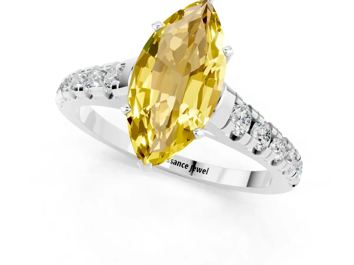 Marquise Cut Yellow Sapphire Cathedral Solitaire Ring with Round Pavé Band Silver