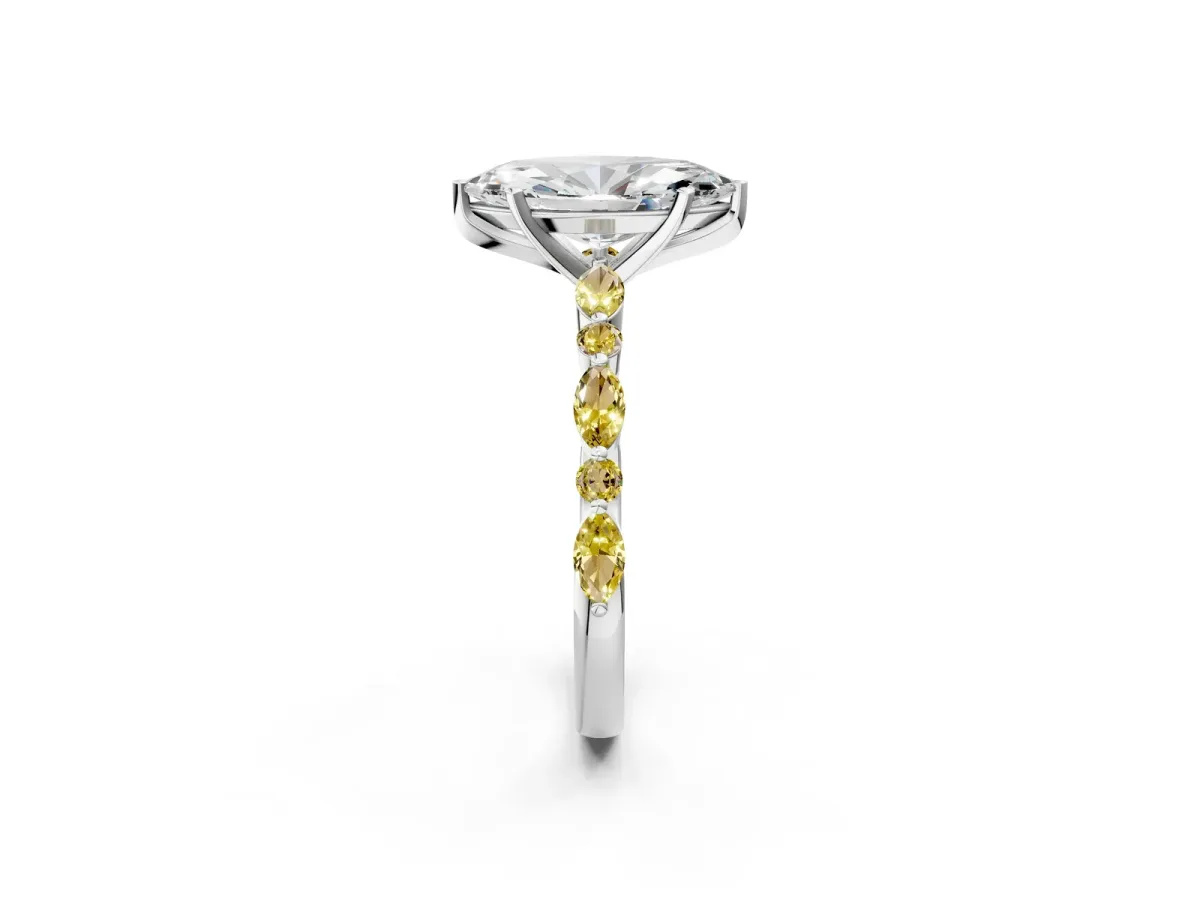 Marquise Cut Diamond Ring with Marquise and Round Yellow Sapphire Side Stones and Four-Prong Setting Silver