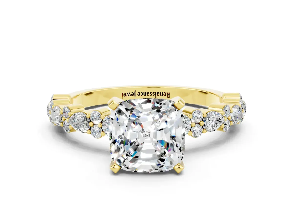 Cushion Cut Moissanite Side Stone Solitaire Ring with Round and Four-Prong Setting Yellow gold