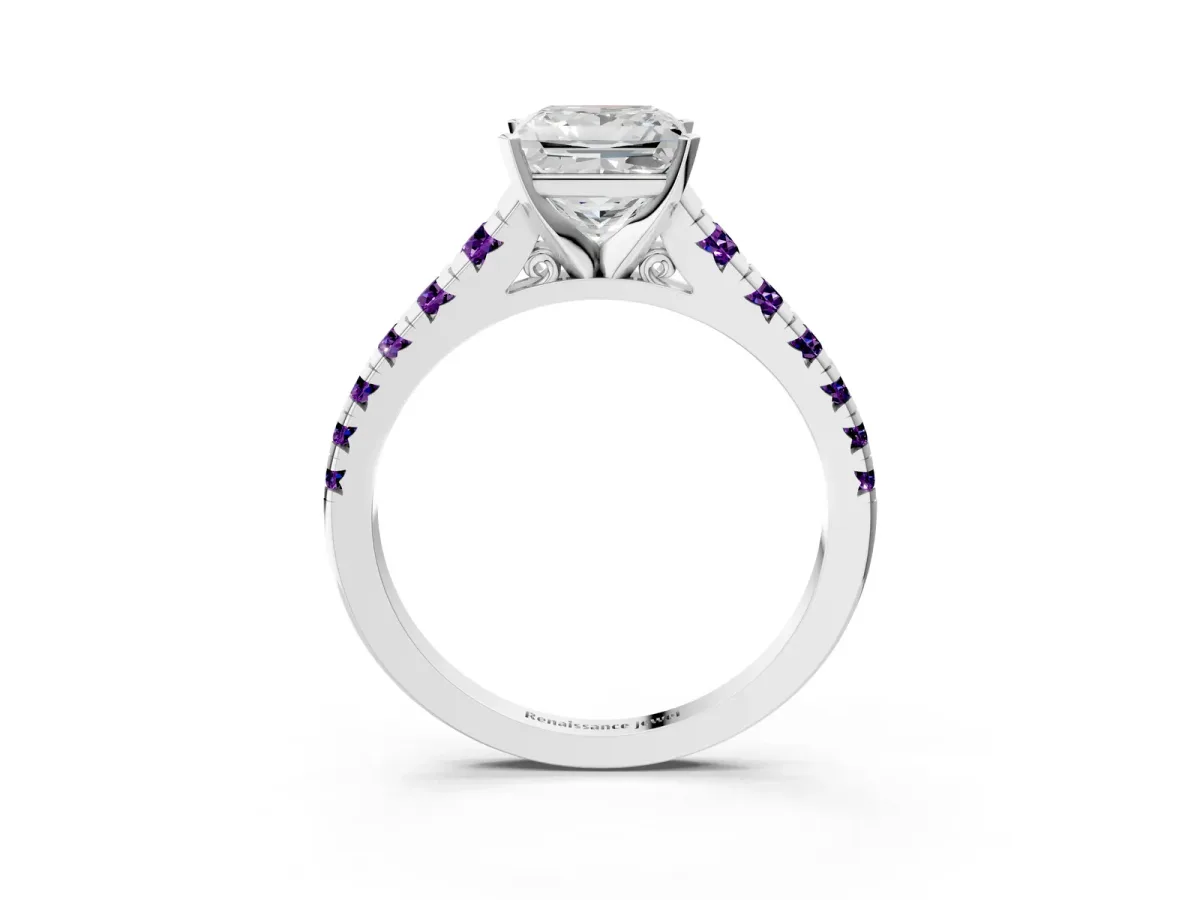 Princess Cut Diamond Cathedral Solitaire Ring with Round Amethyst Pavé Band Platinum