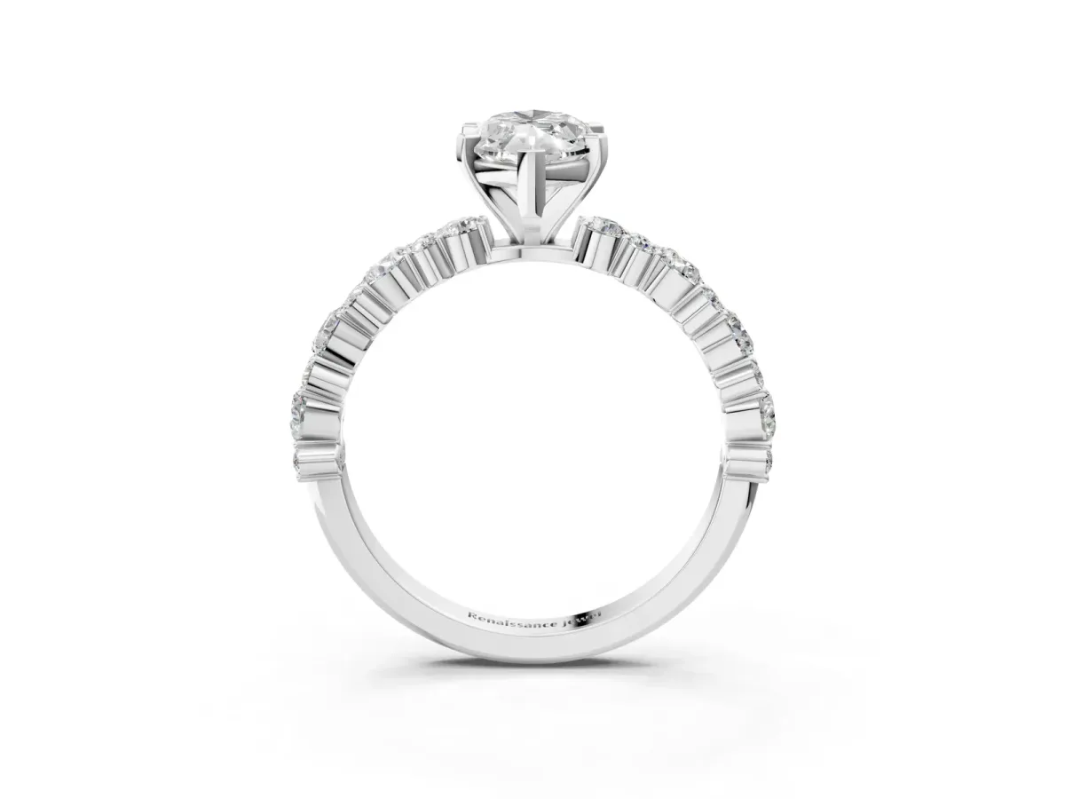 Marquise Cut Diamond Side Stone Solitaire Ring with Round and Four-Prong Setting Platinum