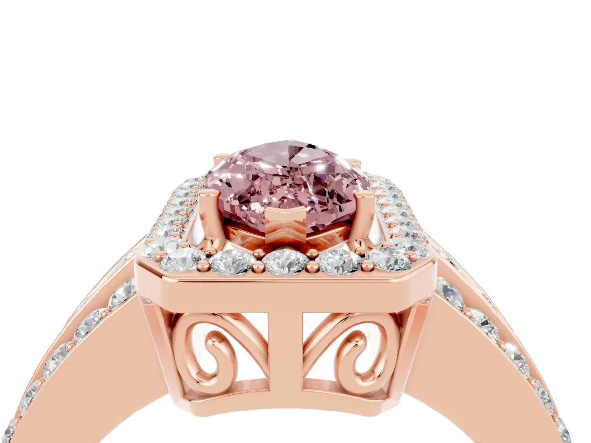 Marquise Cut Halo Morganite Ring with Round Split Shank and Prong Setting Rose gold