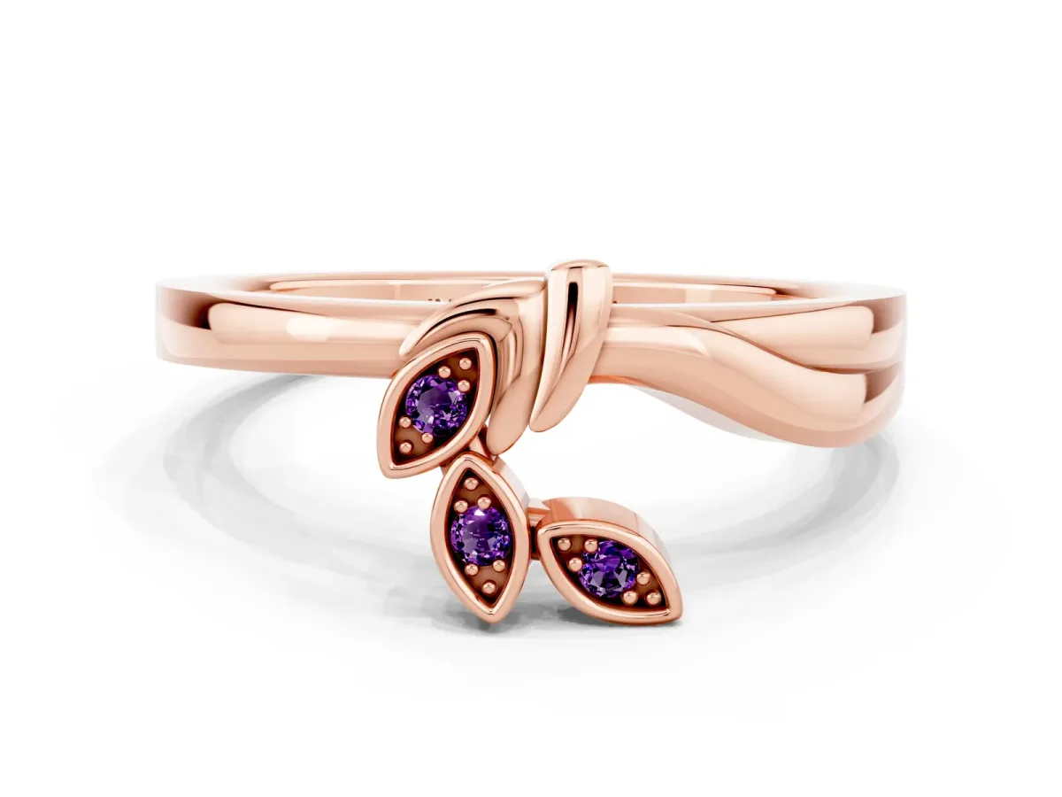 Three-Stone Round Amethyst Leaf Bypass Ring with Bezel Setting Rose gold