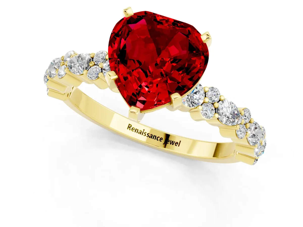 Heart Cut Ruby Side Stone Solitaire Ring with Round and Four-Prong Setting Yellow gold