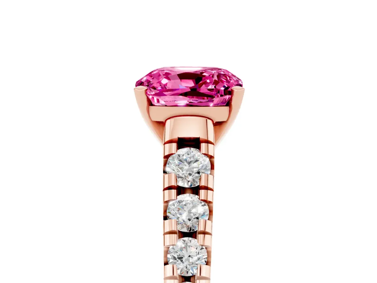 Cushion Cut Pink Sapphire Cathedral Solitaire Ring with Round Pavé Band Rose gold