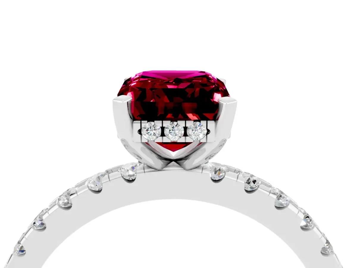 Emerald Cut Garnet Solitaire Ring with Round Pavé Band and Four-Prong Setting White gold