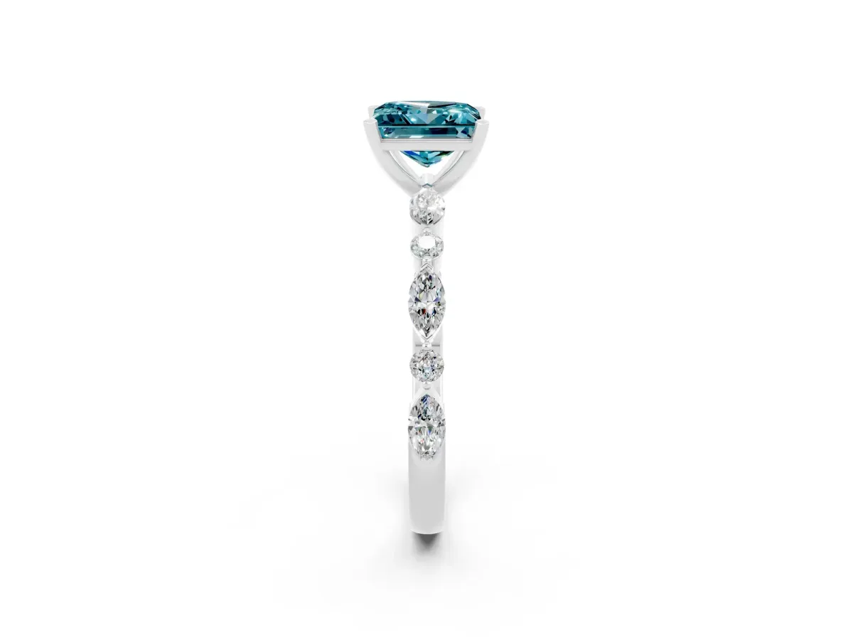 Princess Cut Blue Topaz Ring with Marquise and Round Side Stones and Four-Prong Setting Silver