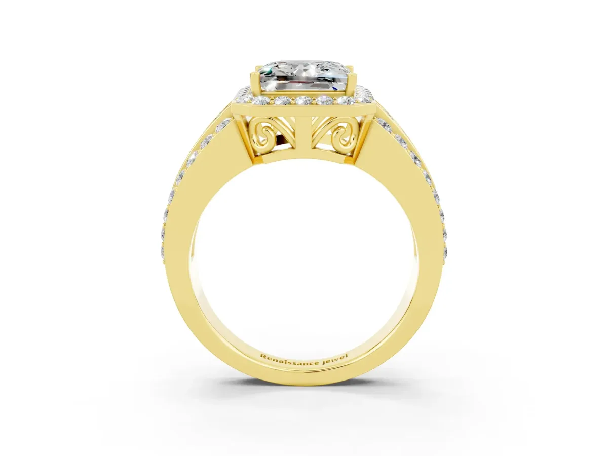 Princess Cut Halo Moissanite Ring with Round Split Shank and Prong Setting Yellow gold
