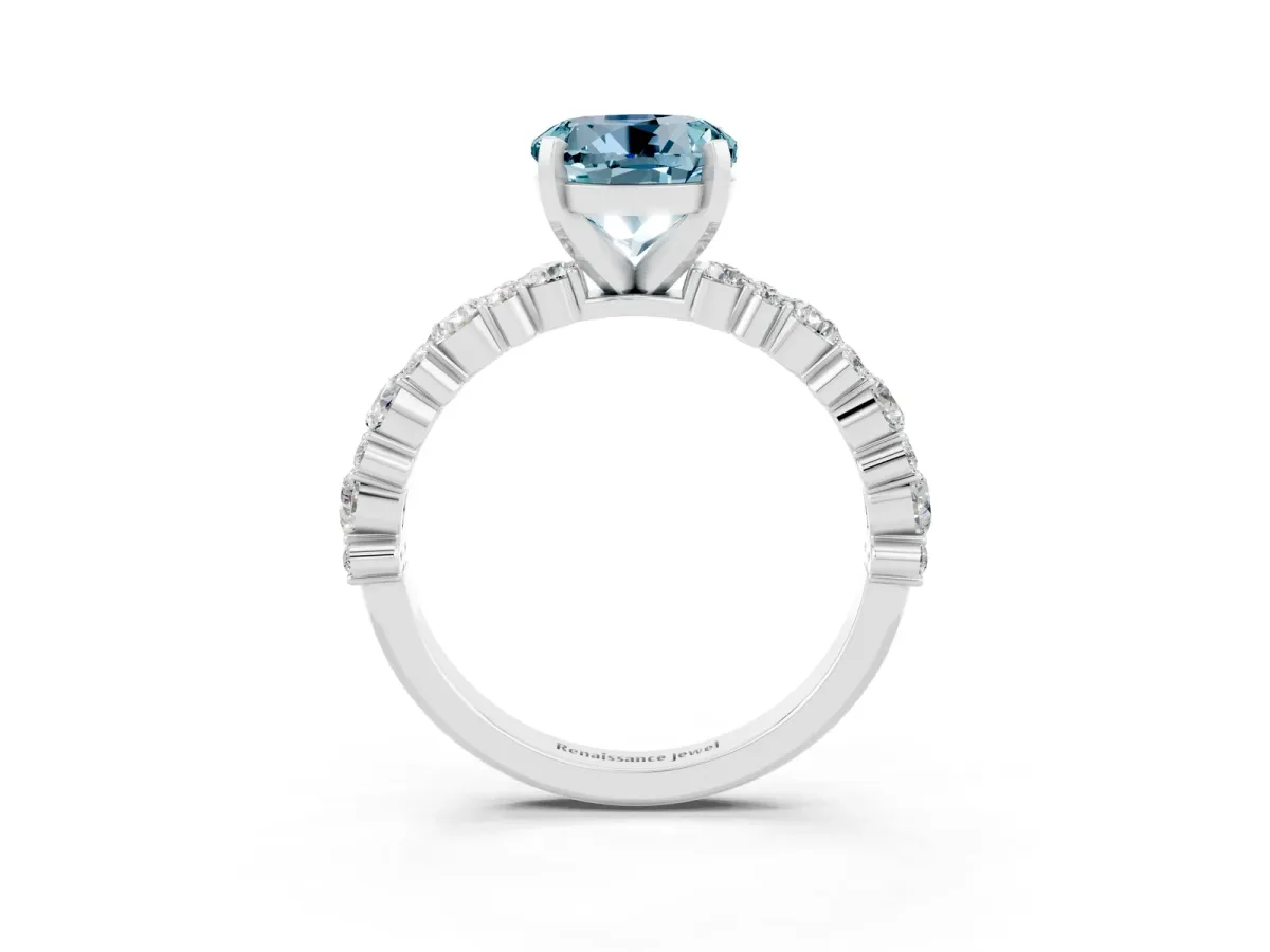 Round Cut Aquamarine Side Stone Solitaire Ring with Round and Four-Prong Setting White gold