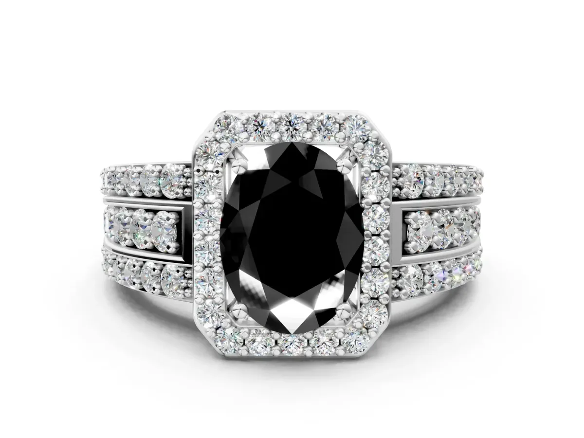 Fancy Black Oval Cut Halo Diamond Ring with Round Split Shank and Prong Setting Silver