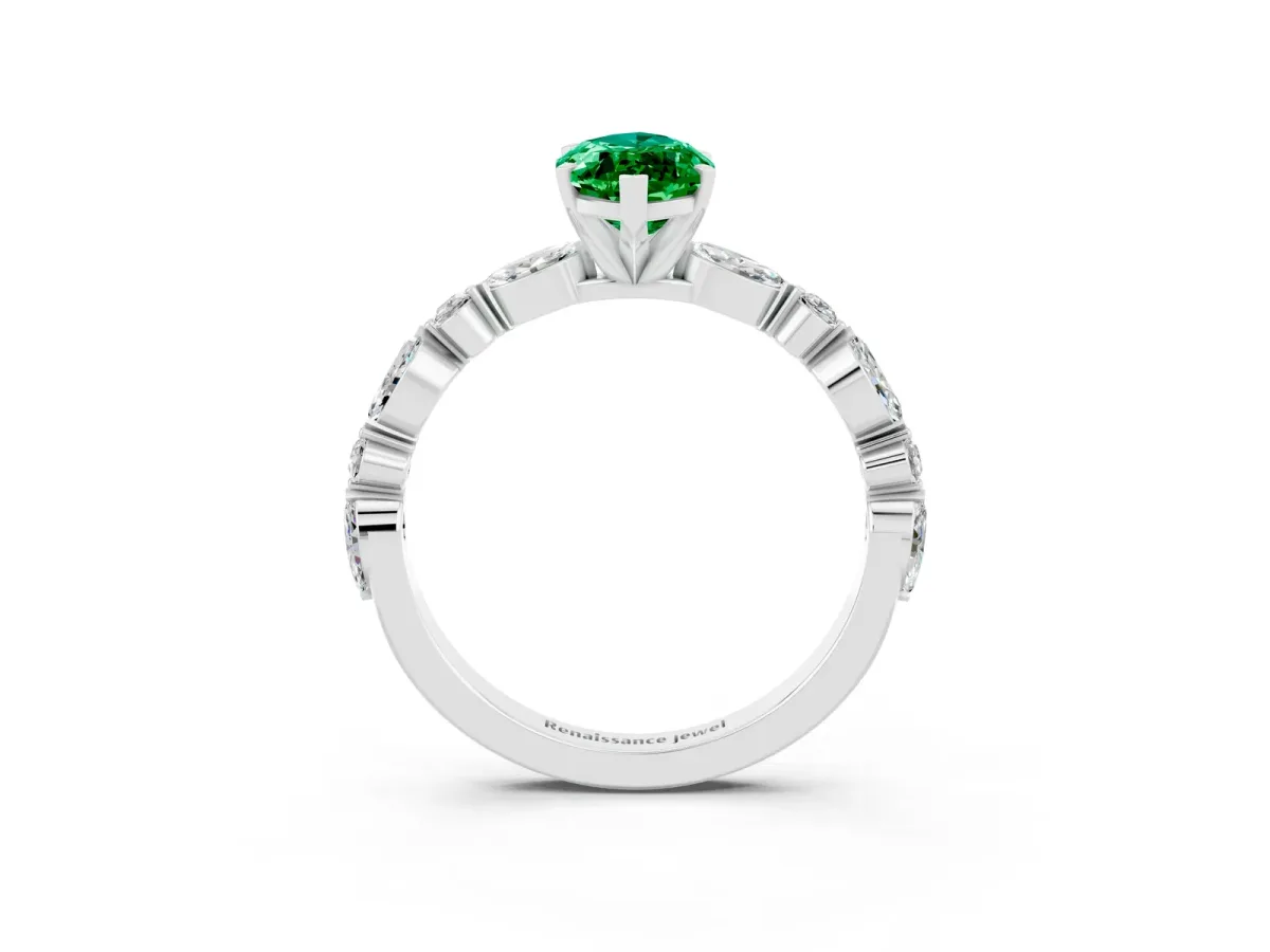 Marquise Cut Emerald Ring with Marquise and Round Side Stones and Four-Prong Setting Platinum