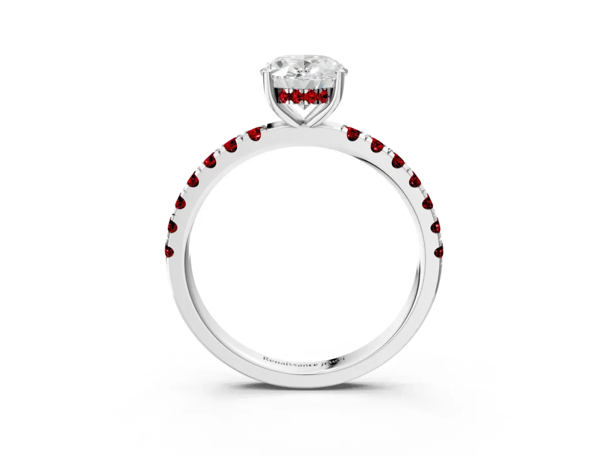 Oval Cut Diamond Pave Band Solitaire Ring with Round Ruby and Prong Setting White gold