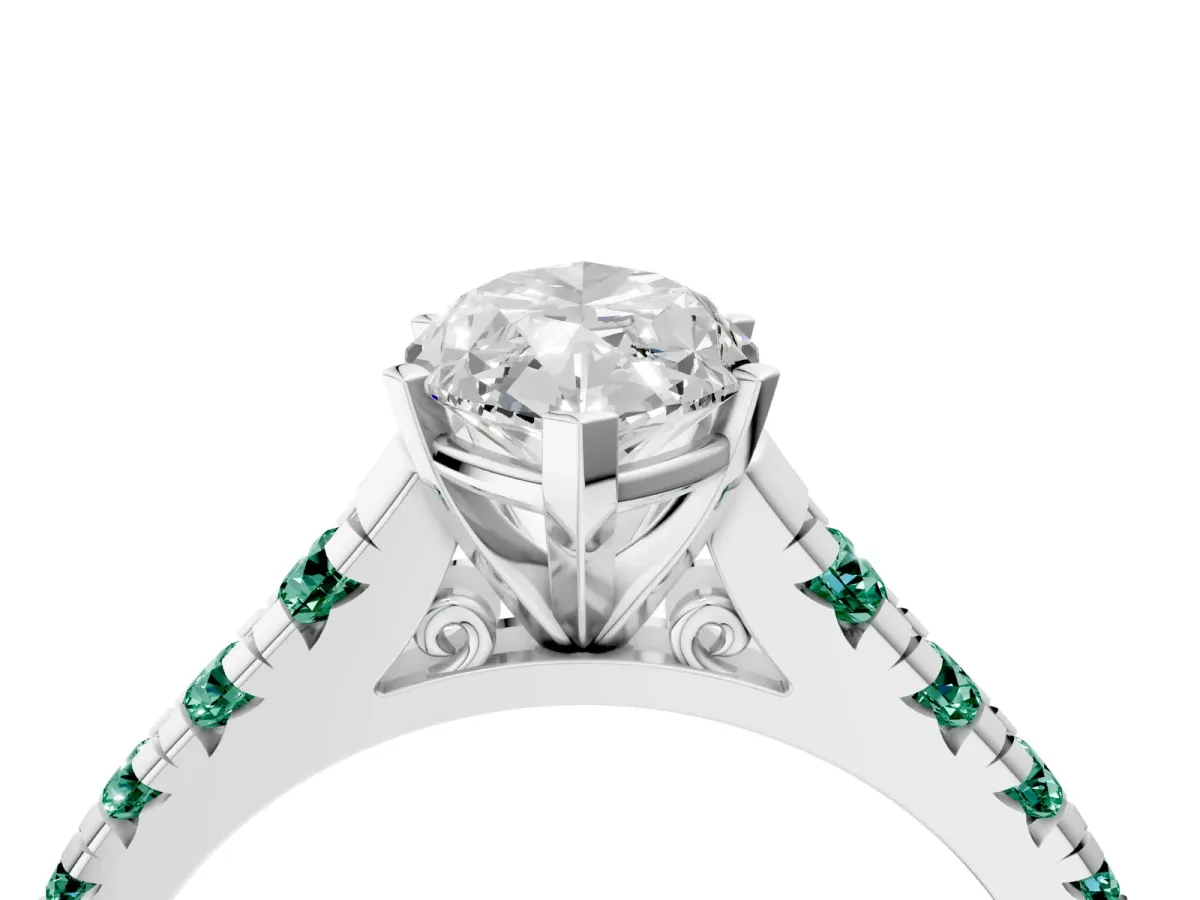 Marquise Cut Diamond Cathedral Solitaire Ring with Round Green Sapphire Pavé Band Silver