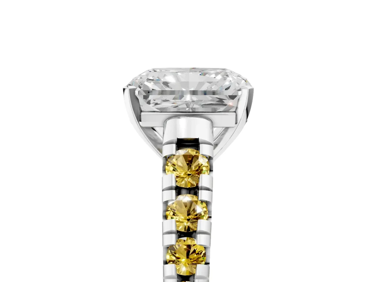 Radiant Cut Diamond Cathedral Solitaire Ring with Round Yellow Sapphire Pavé Band Silver