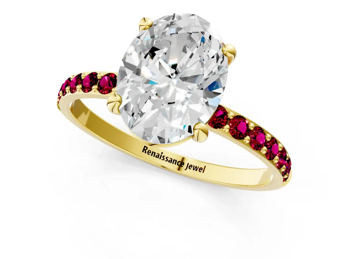 Oval Cut Diamond Solitaire Ring with Round Garnet Pavé Band and Prong Setting Yellow gold