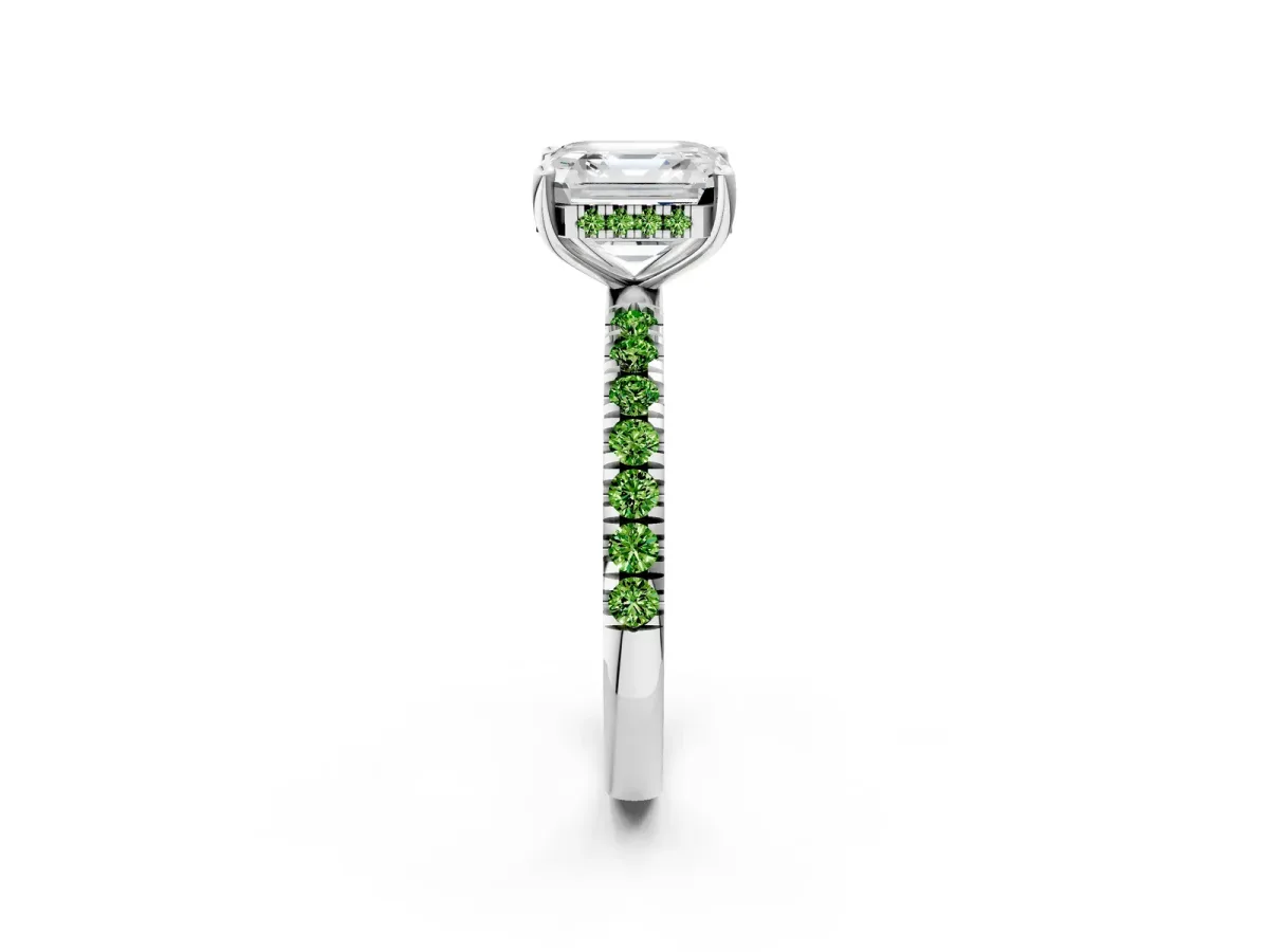 Asscher Cut Diamond Pave Band Solitaire Ring with Round Peridot and Prong Setting White gold