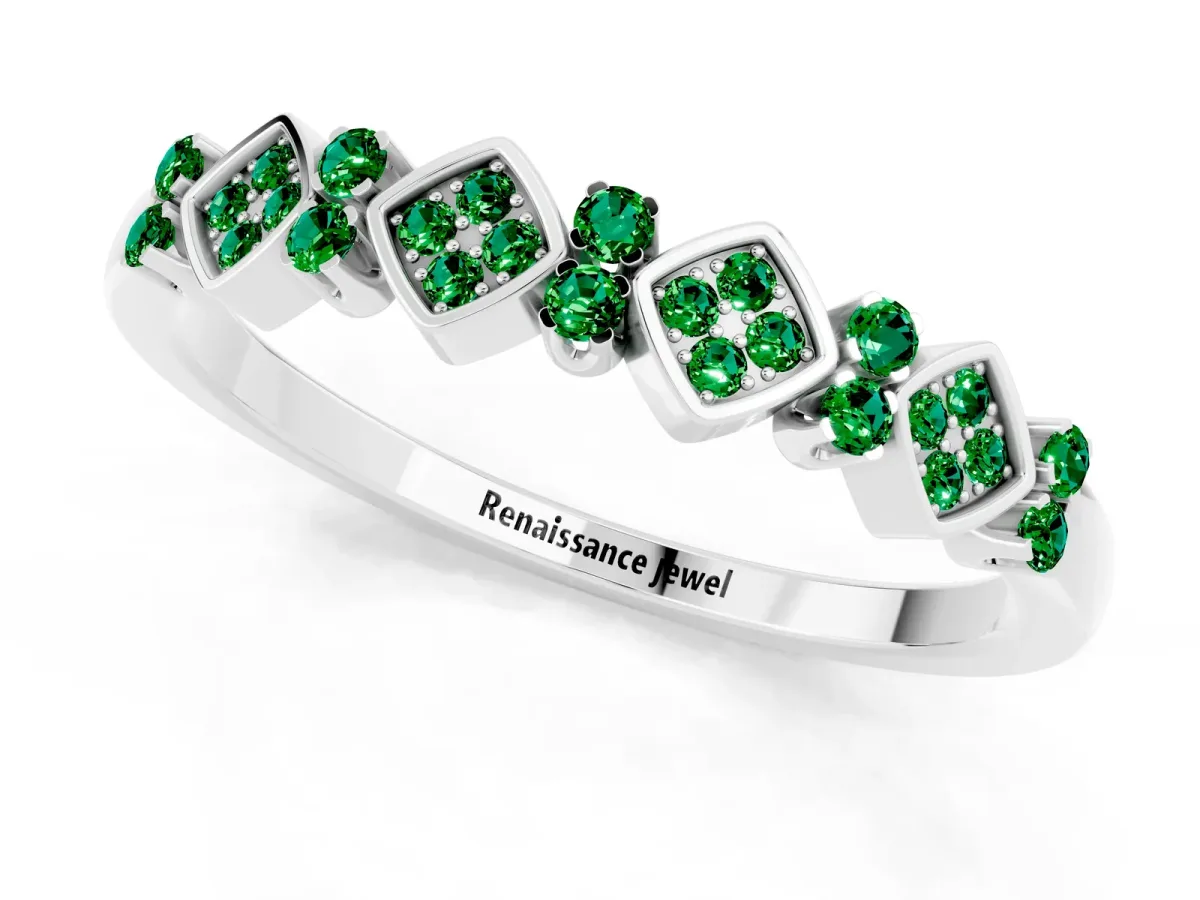 Pavé Cushion Emerald Cluster Eternity Band with Prong Setting Silver