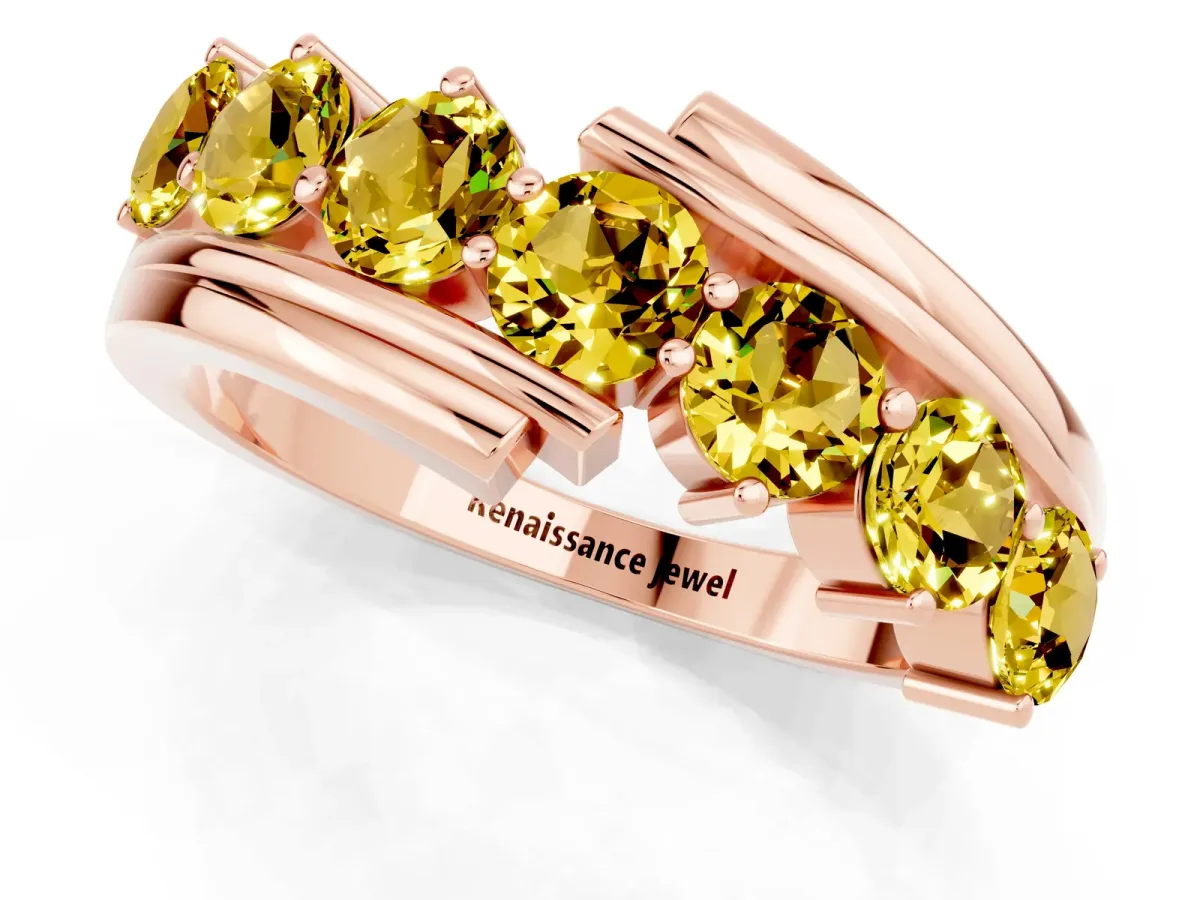 Round Yellow Sapphire Wave Band with Channel and Shared Prong Setting Rose gold