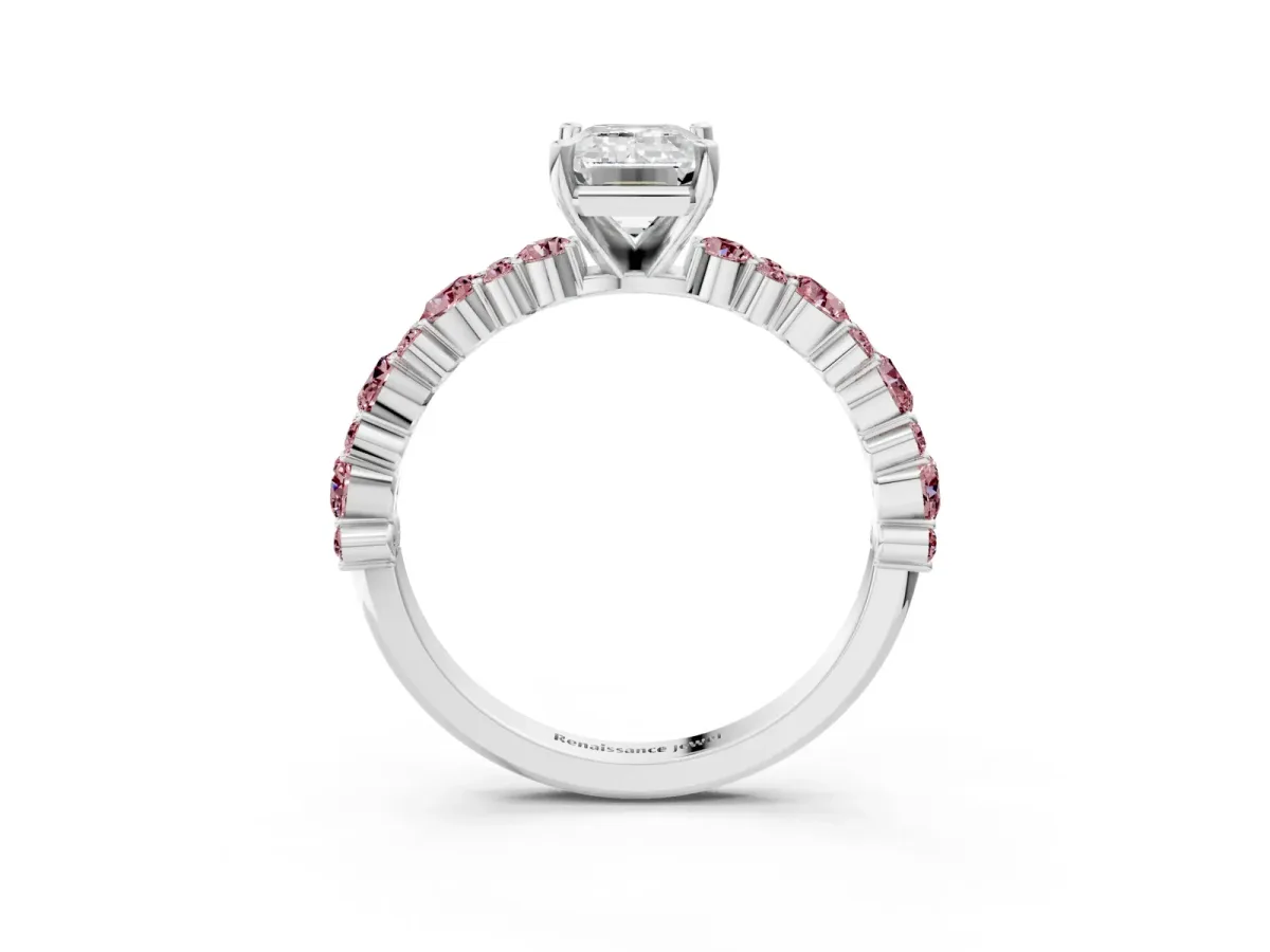 Emerald Cut Diamond Side Stone Solitaire Ring with Round Morganite and Four-Prong Setting Silver