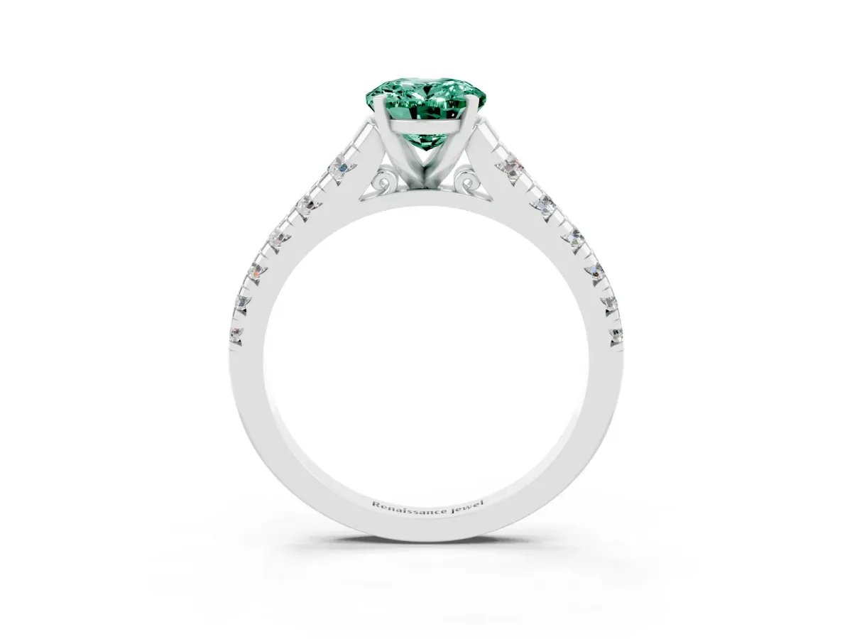 Oval Cut Green Sapphire Cathedral Solitaire Ring with Round Pavé Band Silver