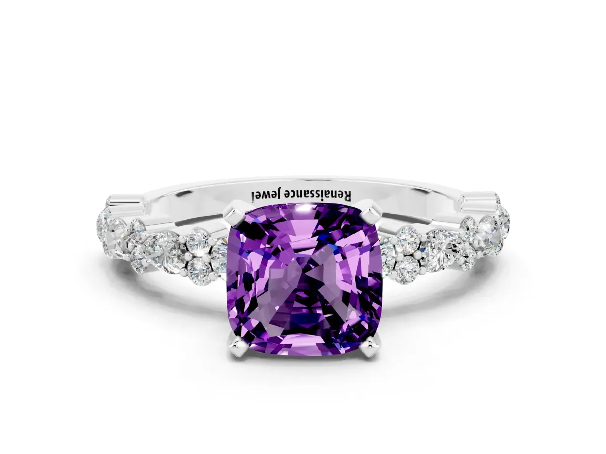 Cushion Cut Amethyst Side Stone Solitaire Ring with Round and Four-Prong Setting White gold