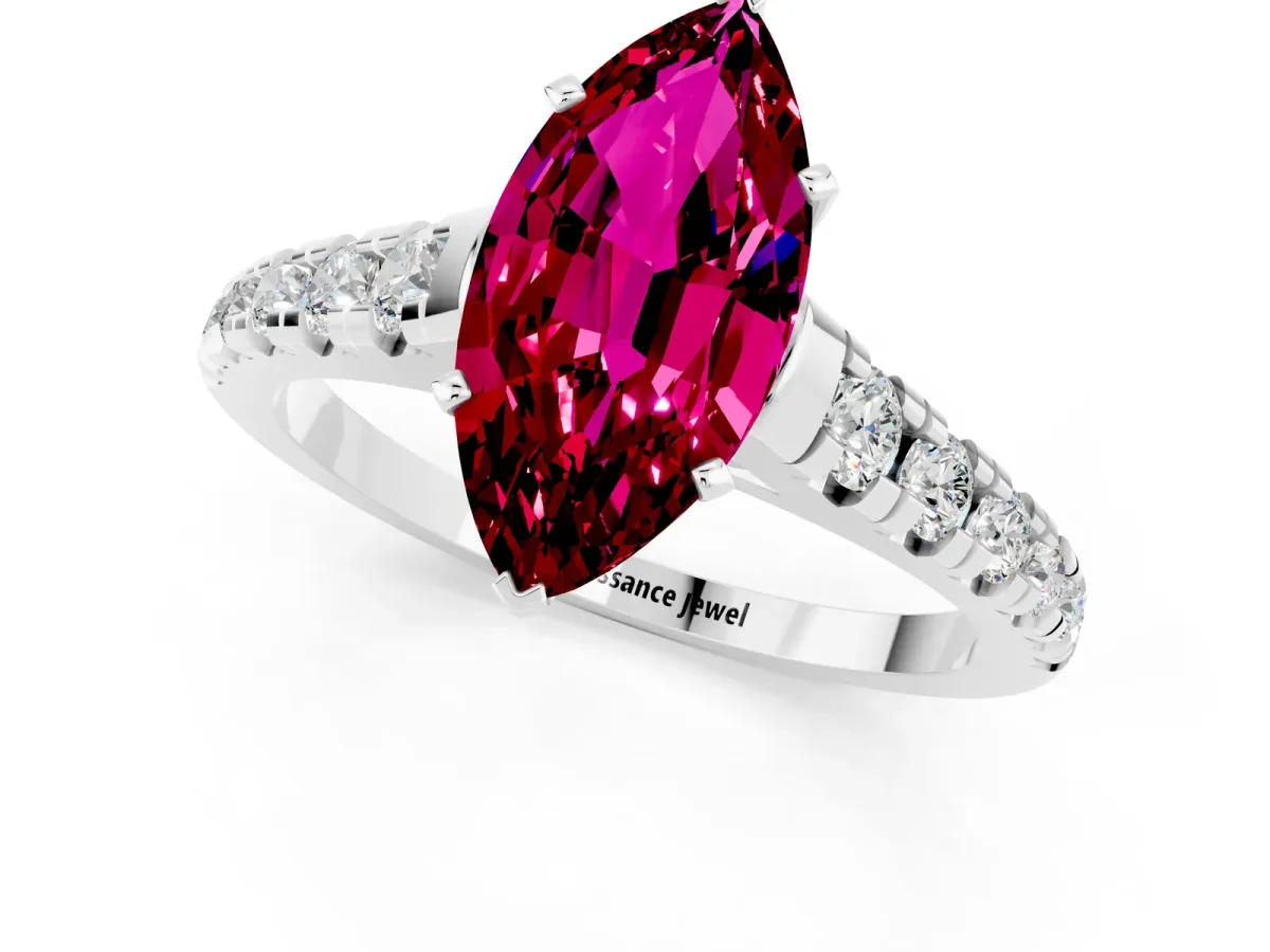 Marquise Cut Garnet Cathedral Solitaire Ring with Round Pavé Band White gold