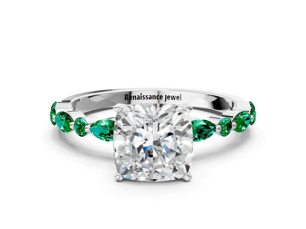 Cushion Cut Diamond Ring with Marquise and Round Emerald Side Stones and Four-Prong Setting Silver