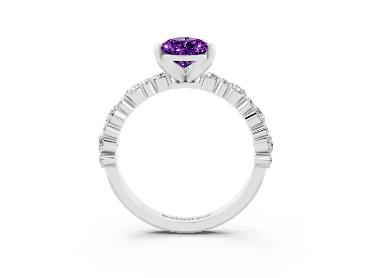 Pear Cut Amethyst Side Stone Solitaire Ring with Round and Four-Prong Setting Silver