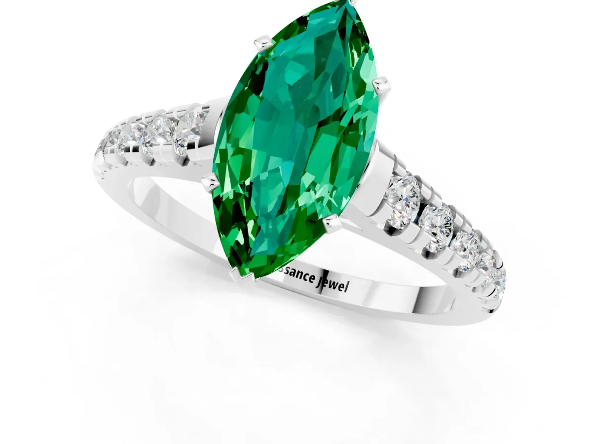Marquise Cut Emerald Cathedral Solitaire Ring with Round Pavé Band Platinum