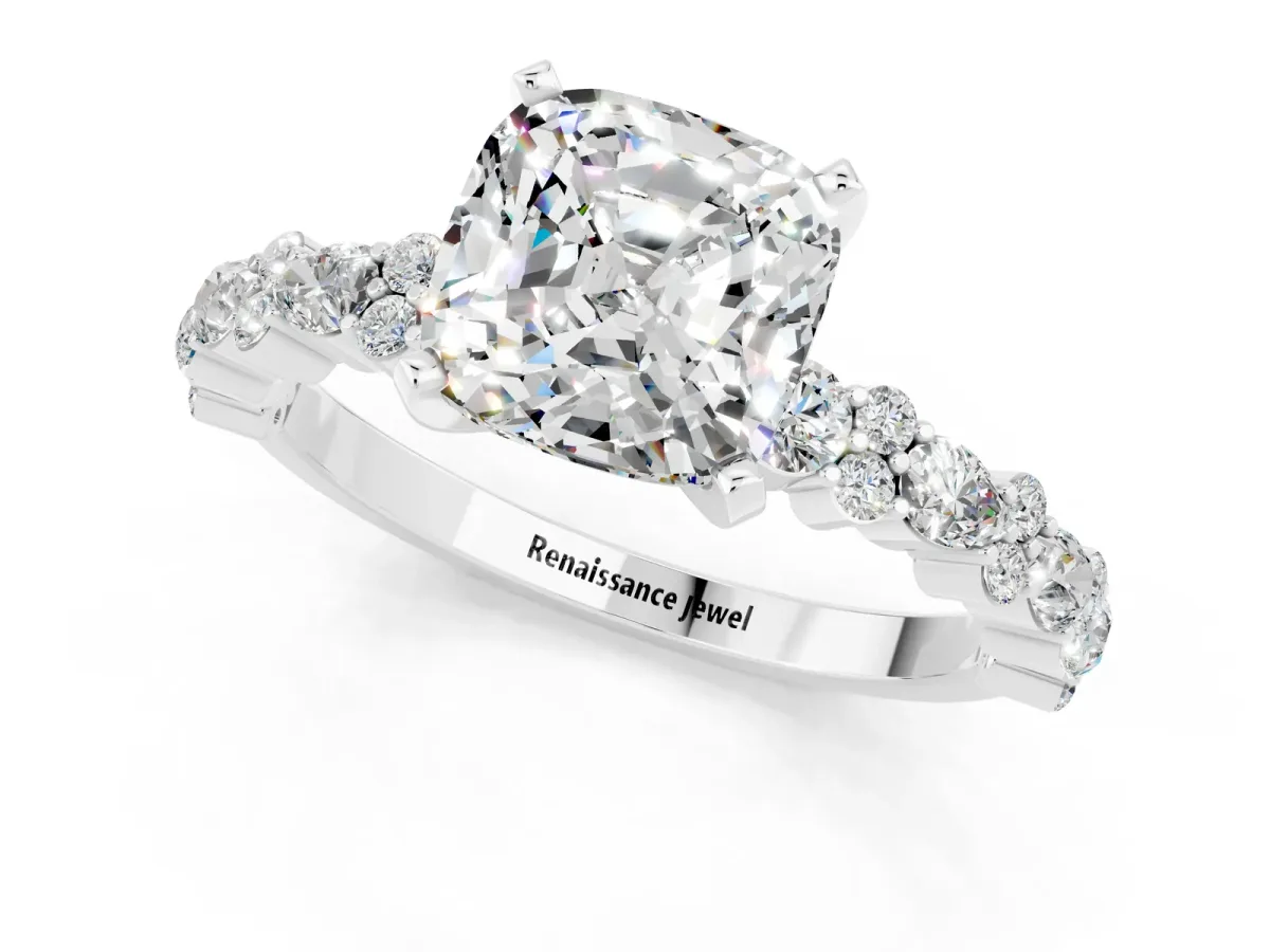 Cushion Cut Moissanite Side Stone Solitaire Ring with Round and Four-Prong Setting White gold