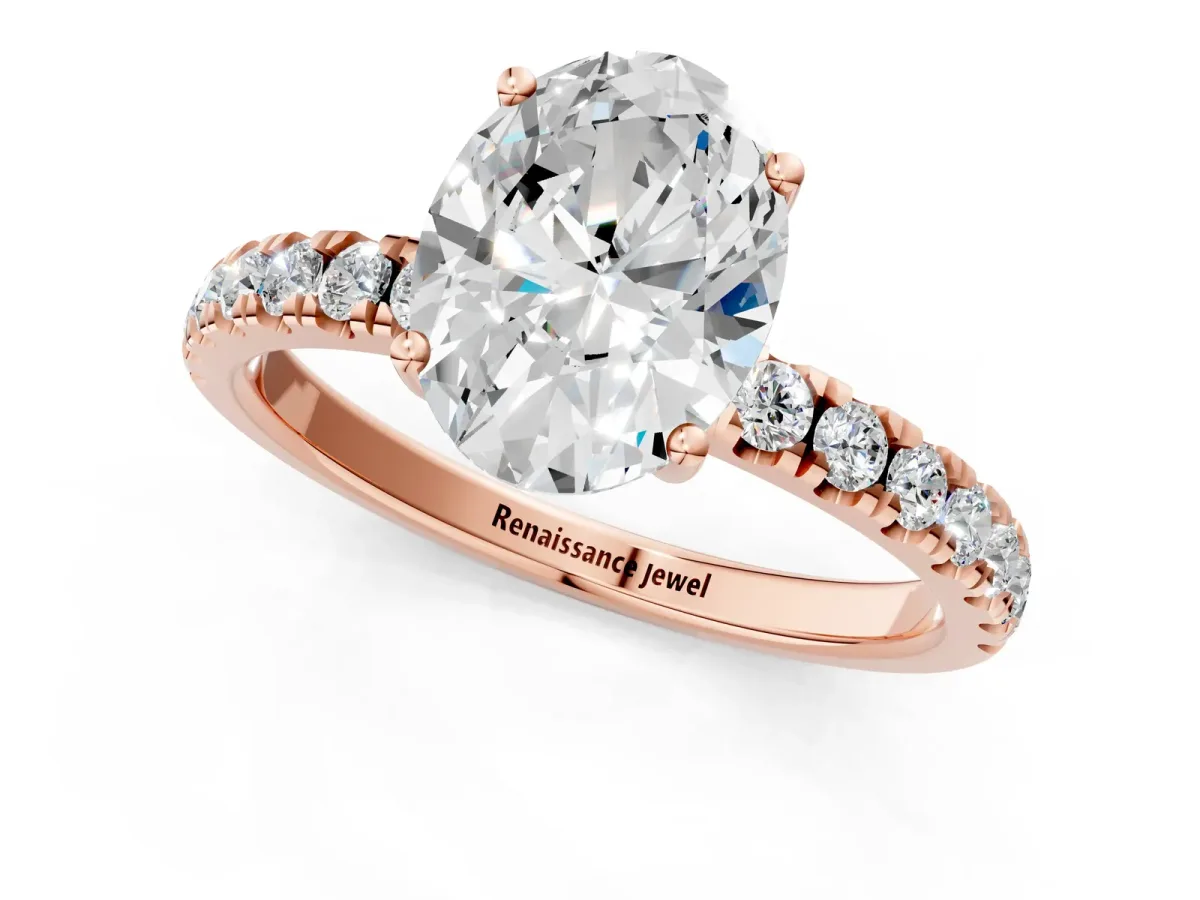 Oval Cut Diamond Pave Band Solitaire Ring with Round and Prong Setting Rose gold